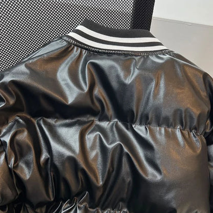 Gmiixder American Baseball Uniform PU Bomber Jacket Hip Hop Thickened Stand Collar Parkas Loose Versatile Couple Winter Coat