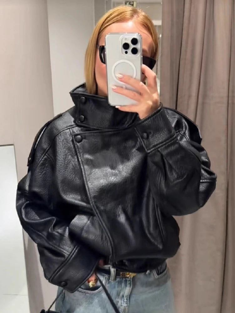 Spring Summer 2026 New Fashion Lapel Leather Jacket Women's Loose Outerwear Black Motorcycle Style Top