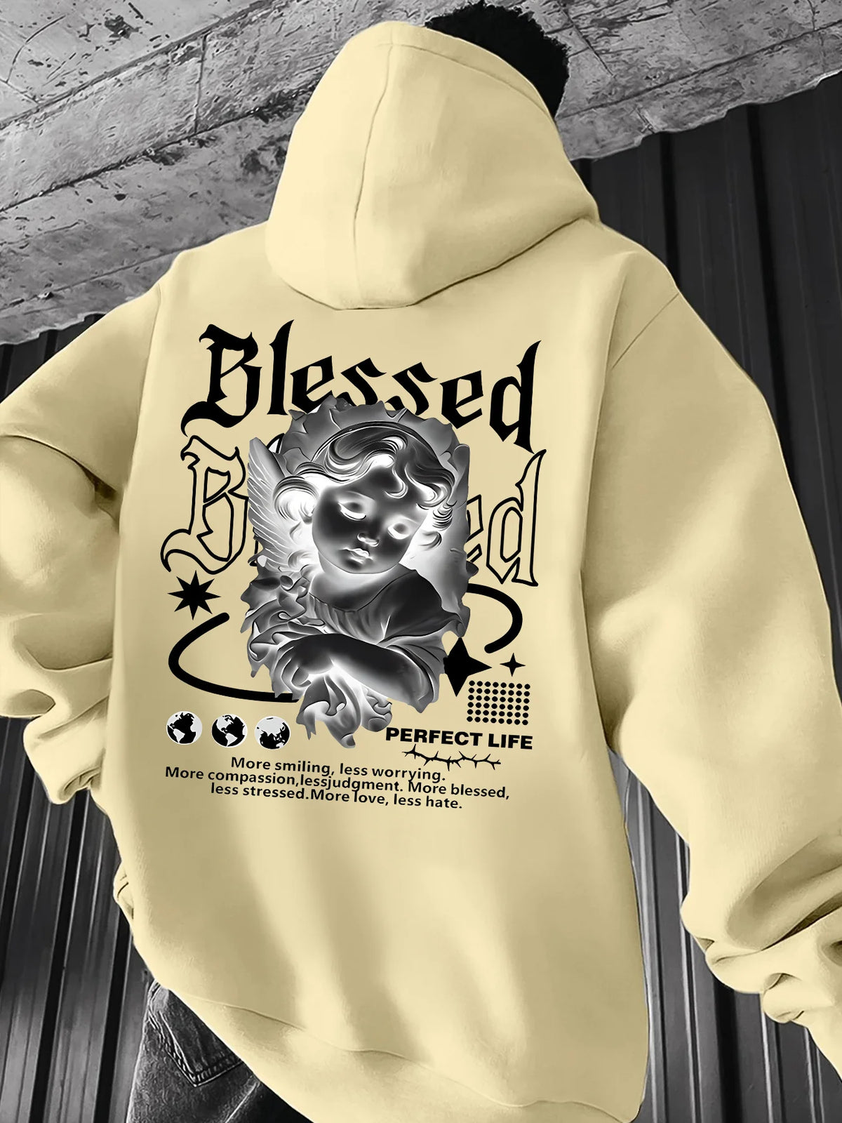 Moletom Masculino Aesthetic com Capuz Angel Hip Hop Esportivo Streetwear Blessed Vintage Estampa de Querubim Casual Solto Pulôver Blusa