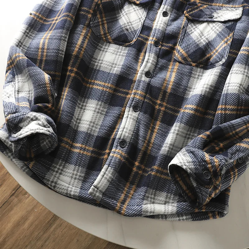Autumn Winter Men's Fleece Linend Warm Shirt Jackets Thickened Long Sleeve Flannel Checked Shirts Vintage Casual Men Shirt Coats