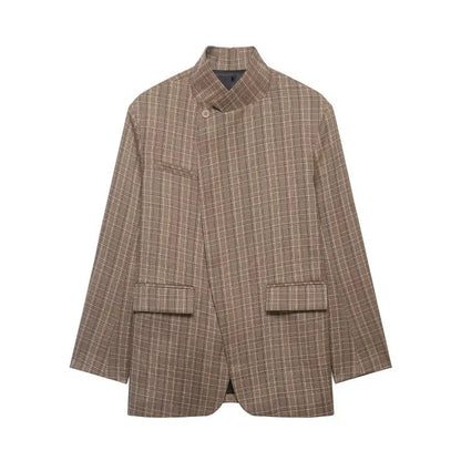 HH Women Fashion Plaid Blazer Coat Stand Collar Long Sleeve Jacket 2026 Spring Trend Casual Office Lady Chic Outerwear