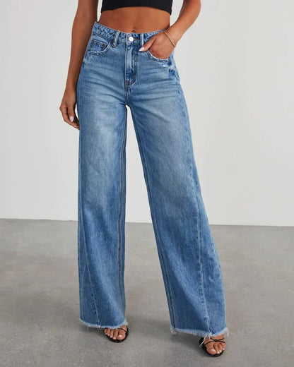 Calça Jeans Feminina Primavera Verão, Cor Sólida, Modelagem Larga, Costura Lateral e Barra Desfiada