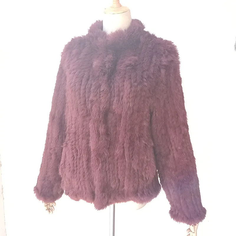 Women Winter Real Rabbit Fur Knitted Coat Female Casual Long Sleeve Genuine Fur Jacket Warm Thick Outwear Femme