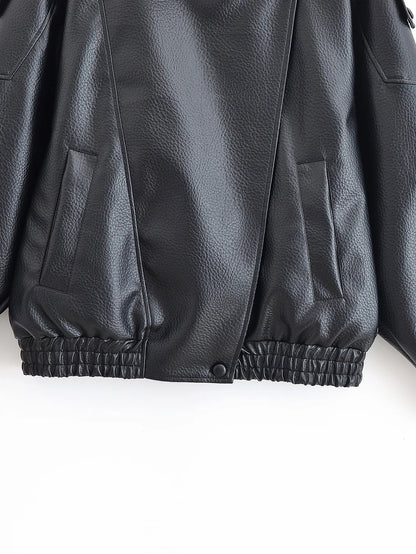 Spring Summer 2026 New Fashion Lapel Leather Jacket Women's Loose Outerwear Black Motorcycle Style Top