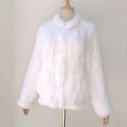 Women Winter Real Rabbit Fur Knitted Coat Female Casual Long Sleeve Genuine Fur Jacket Warm Thick Outwear Femme