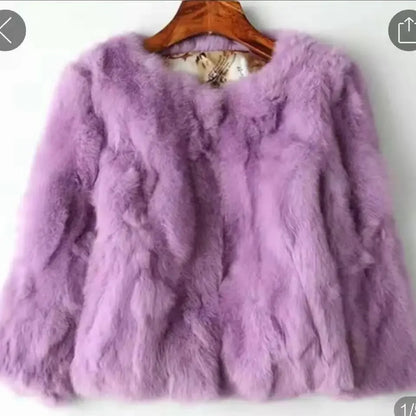 2024 New Women's Real Fur Coat High-waist Round Collar Cardigan Long-sleeved Slim Fit  Rabbit   Jacket Women T197