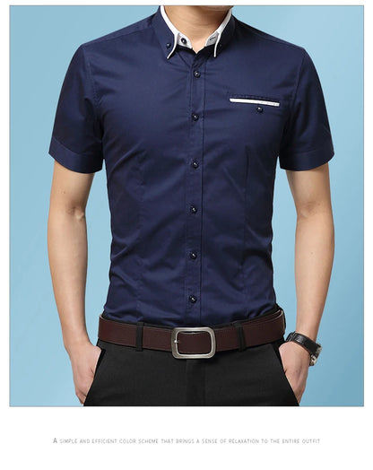 2026 New Summer Cotton Business Men's Short Sleeved Shirt Pocket Lapel Thin Formal Suit Dress Shirts Male Brand Clothing