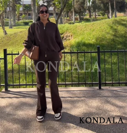 KONDALA Sports Casual Pants Set Women Vintage Brown Zipper Bomber Jacket, Flared Pants 2 Pieces Set 2026 Spring Trendy Chic Set
