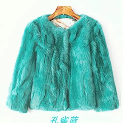 2024 New Women's Real Fur Coat High-waist Round Collar Cardigan Long-sleeved Slim Fit  Rabbit   Jacket Women T197