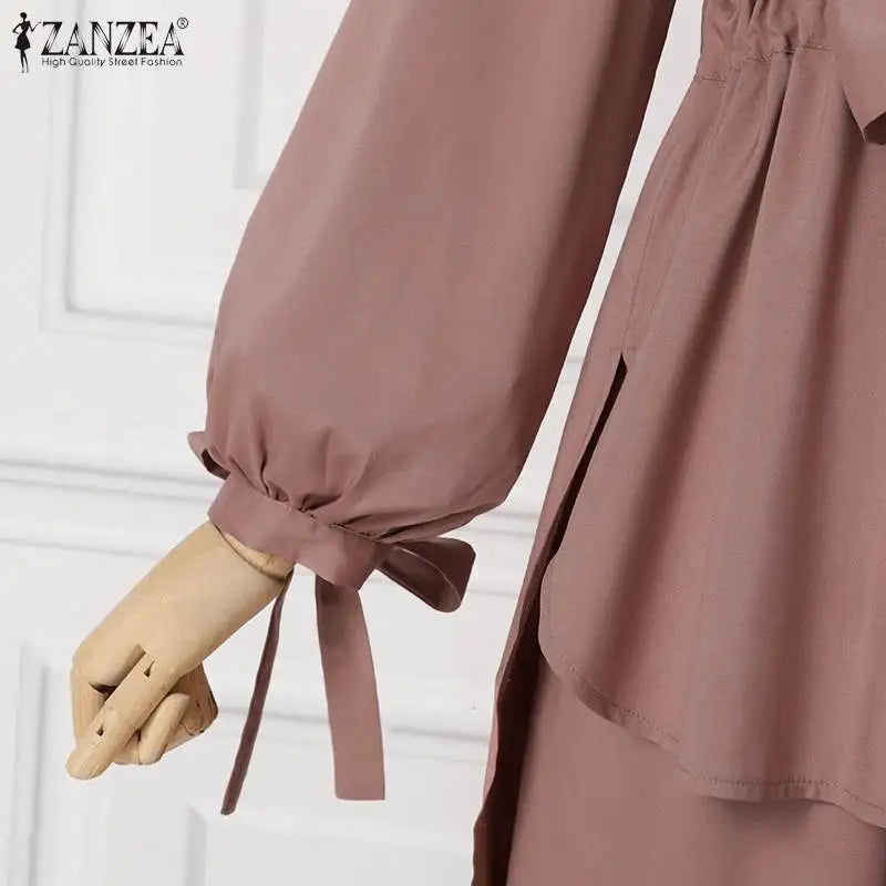 ZANZEA Muslim Women Matching Sets Long Sleeve Solid Color Tops And Loose Pant Suits Elegant Fashion Casual Tracksuit Kaftan 2025