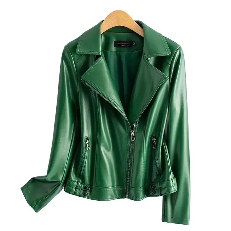 Jaqueta de couro legítimo feminina estilo streetwear, segunda camada em pele de carneiro, casaco curto, outono inverno, verde, motoqueira, agasalho casual