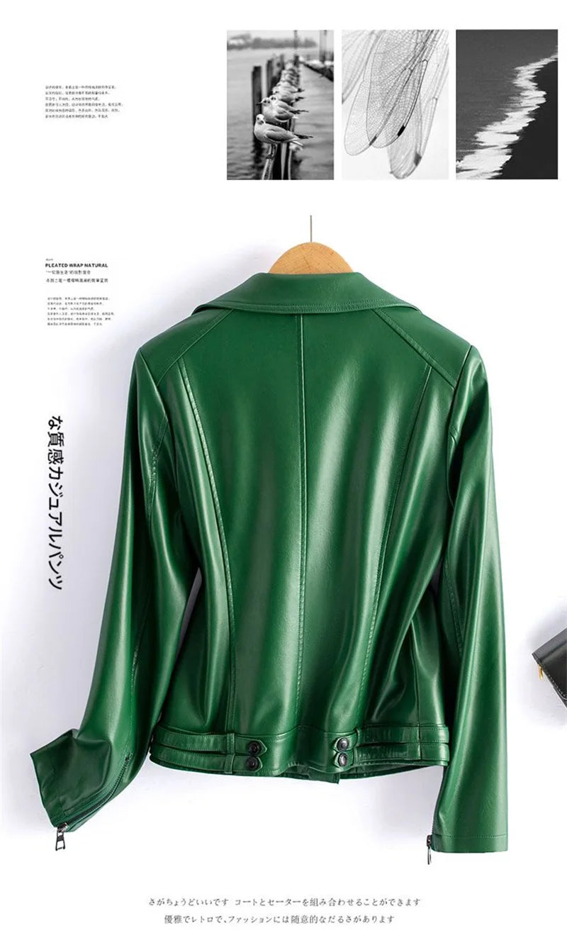 Jaqueta de couro legítimo feminina estilo streetwear, segunda camada em pele de carneiro, casaco curto, outono inverno, verde, motoqueira, agasalho casual