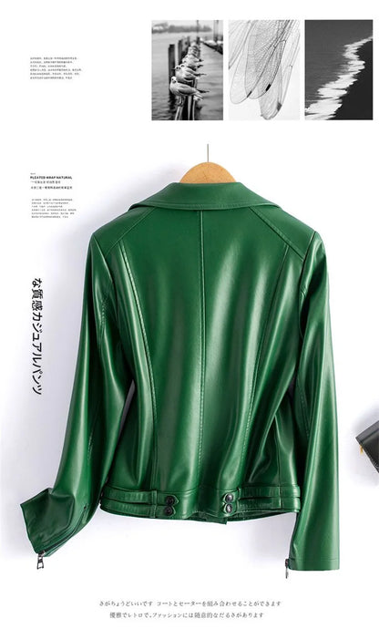 Jaqueta de couro legítimo feminina estilo streetwear, segunda camada em pele de carneiro, casaco curto, outono inverno, verde, motoqueira, agasalho casual