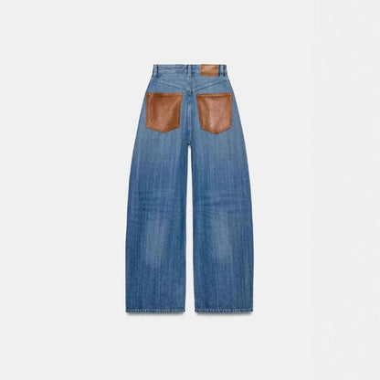 Deeptown Baggy Women Blue Jeans Vintage Casual PU Leather Brown Patchwork Straight Denim Trousers Classic Basic Chic Female Jean