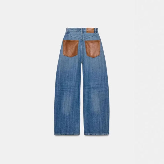 Deeptown Baggy Women Blue Jeans Vintage Casual PU Leather Brown Patchwork Straight Denim Trousers Classic Basic Chic Female Jean