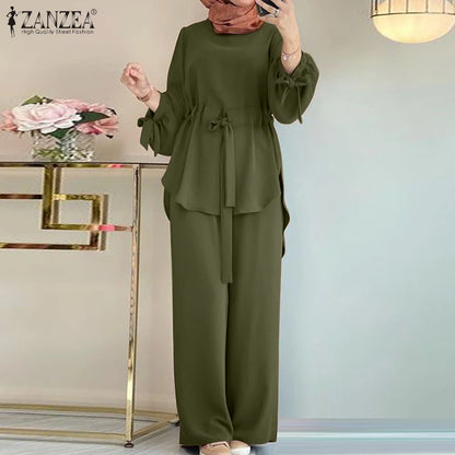 ZANZEA Muslim Women Matching Sets Long Sleeve Solid Color Tops And Loose Pant Suits Elegant Fashion Casual Tracksuit Kaftan 2025