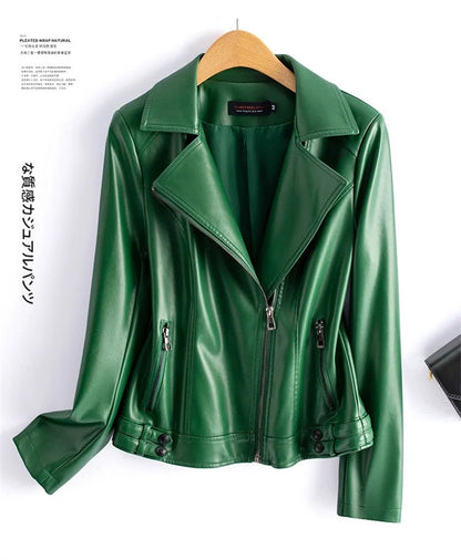 Jaqueta de couro legítimo feminina estilo streetwear, segunda camada em pele de carneiro, casaco curto, outono inverno, verde, motoqueira, agasalho casual