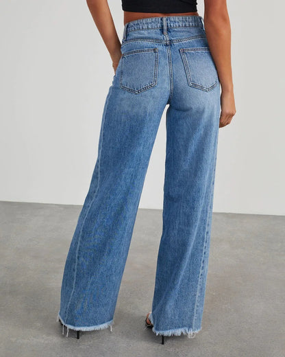 Calça Jeans Feminina Primavera Verão, Cor Sólida, Modelagem Larga, Costura Lateral e Barra Desfiada