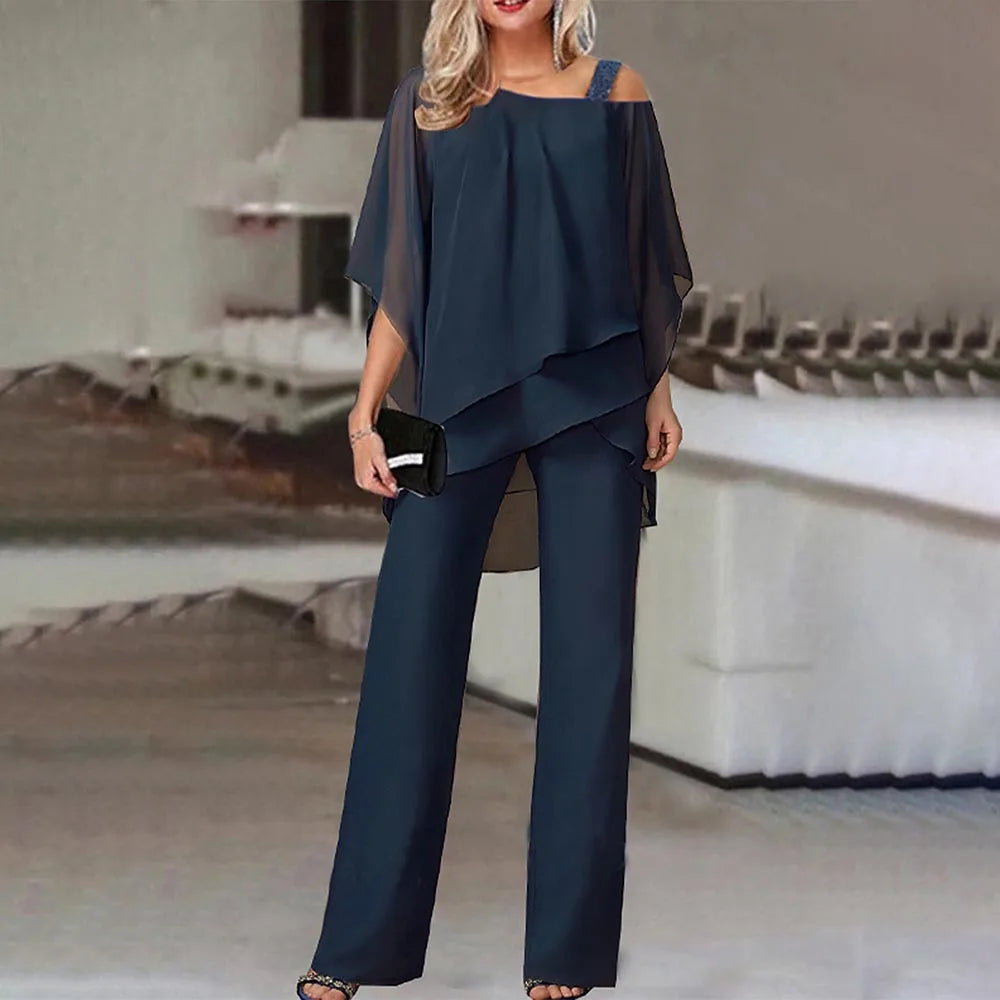 Women Trousers Sets Two Pieces Sale Sexy Off Shoulder Half Batwing Sleeve Blouse&OL Wide Leg Loose Pant Suits NMD-6666