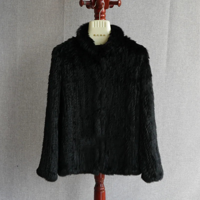 Women Winter Real Rabbit Fur Knitted Coat Female Casual Long Sleeve Genuine Fur Jacket Warm Thick Outwear Femme