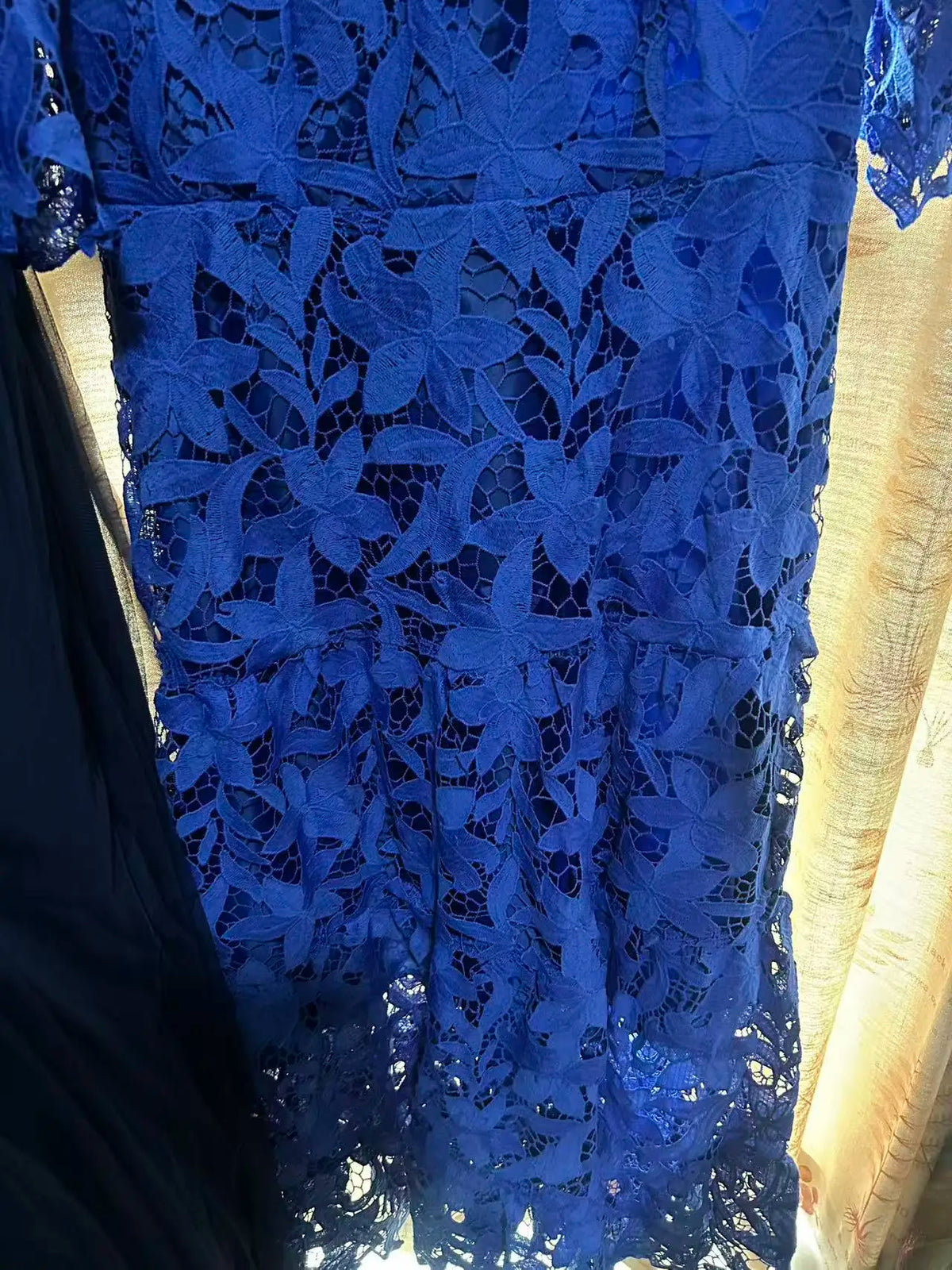 Vestido longo formal plus size, de renda sexy, vazado, com barra mullet e mangas curtas, azul royal