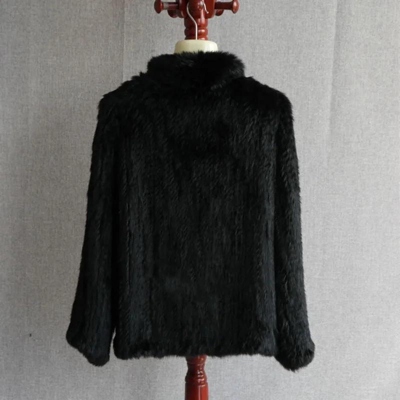 Women Winter Real Rabbit Fur Knitted Coat Female Casual Long Sleeve Genuine Fur Jacket Warm Thick Outwear Femme