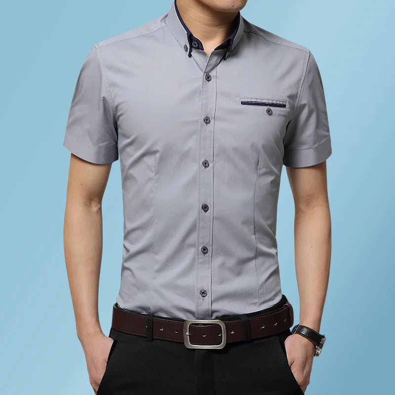 2026 New Summer Cotton Business Men's Short Sleeved Shirt Pocket Lapel Thin Formal Suit Dress Shirts Male Brand Clothing