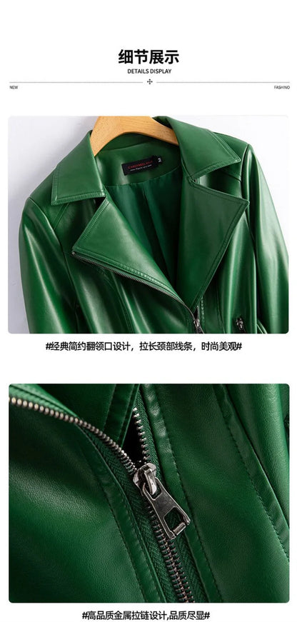 Jaqueta de couro legítimo feminina estilo streetwear, segunda camada em pele de carneiro, casaco curto, outono inverno, verde, motoqueira, agasalho casual