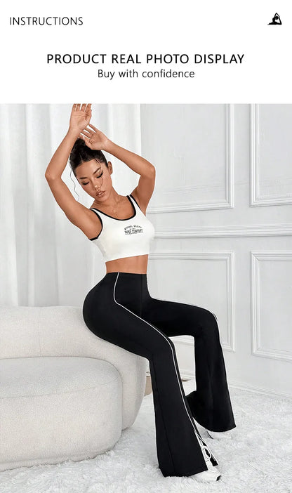 Line splicing simple flared pants for women slim split pants high elasticity hip lifting high waist running fitness yoga pants