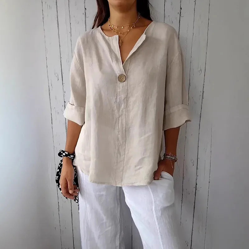Summer Cotton Linen Blouses For Women 2025 Plus Size V-Neck Button Tee Shirts Casual Half Sleeve Black Tops Loose Women T Shirt