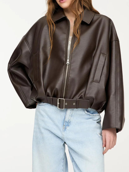 Jaqueta de Couro Feminina KIDCRKJ Moda Primavera com Gola Entalhada, Zíper, Manga Longa, Casaco Feminino de PU com Amarração, Sobretudo Solto