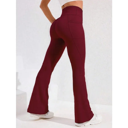 Calça Legging Yoga Feminina Cintura Alta Flare com Bolso Empina Bumbum Calça de Corrida Perna Larga Calça para Academia Esportes ao Ar Livre Ciclismo