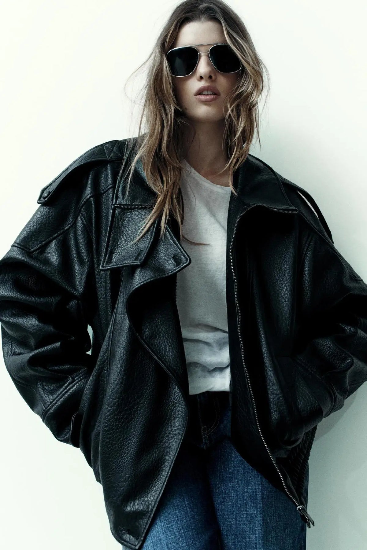 Spring Summer 2026 New Fashion Lapel Leather Jacket Women's Loose Outerwear Black Motorcycle Style Top