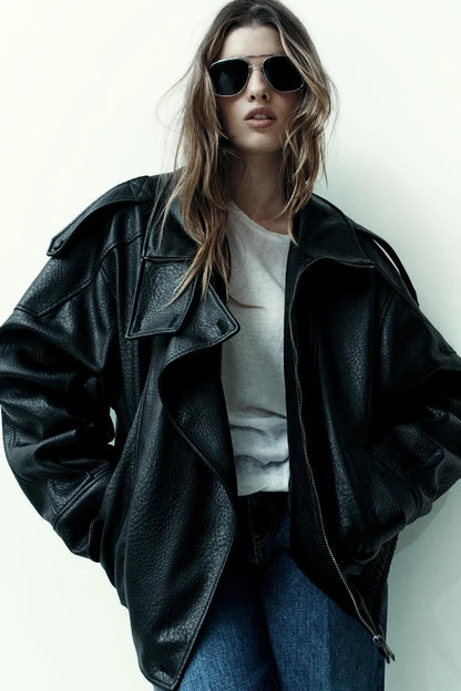 Spring Summer 2026 New Fashion Lapel Leather Jacket Women's Loose Outerwear Black Motorcycle Style Top