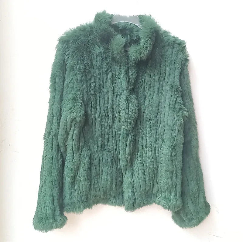 Women Winter Real Rabbit Fur Knitted Coat Female Casual Long Sleeve Genuine Fur Jacket Warm Thick Outwear Femme