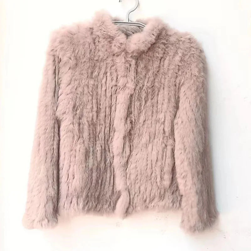 Women Winter Real Rabbit Fur Knitted Coat Female Casual Long Sleeve Genuine Fur Jacket Warm Thick Outwear Femme