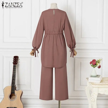 ZANZEA Muslim Women Matching Sets Long Sleeve Solid Color Tops And Loose Pant Suits Elegant Fashion Casual Tracksuit Kaftan 2025