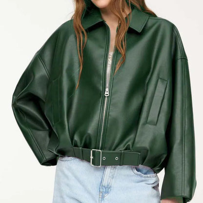 Jaqueta de Couro Feminina KIDCRKJ Moda Primavera com Gola Entalhada, Zíper, Manga Longa, Casaco Feminino de PU com Amarração, Sobretudo Solto