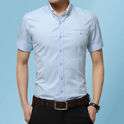 2026 New Summer Cotton Business Men's Short Sleeved Shirt Pocket Lapel Thin Formal Suit Dress Shirts Male Brand Clothing