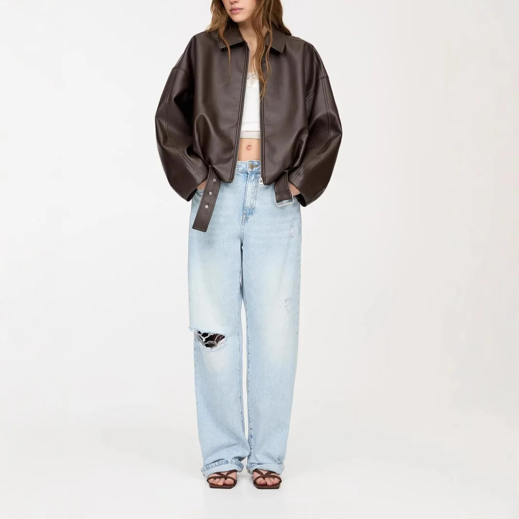 Jaqueta de Couro Feminina KIDCRKJ Moda Primavera com Gola Entalhada, Zíper, Manga Longa, Casaco Feminino de PU com Amarração, Sobretudo Solto