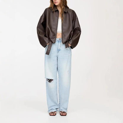 Jaqueta de Couro Feminina KIDCRKJ Moda Primavera com Gola Entalhada, Zíper, Manga Longa, Casaco Feminino de PU com Amarração, Sobretudo Solto