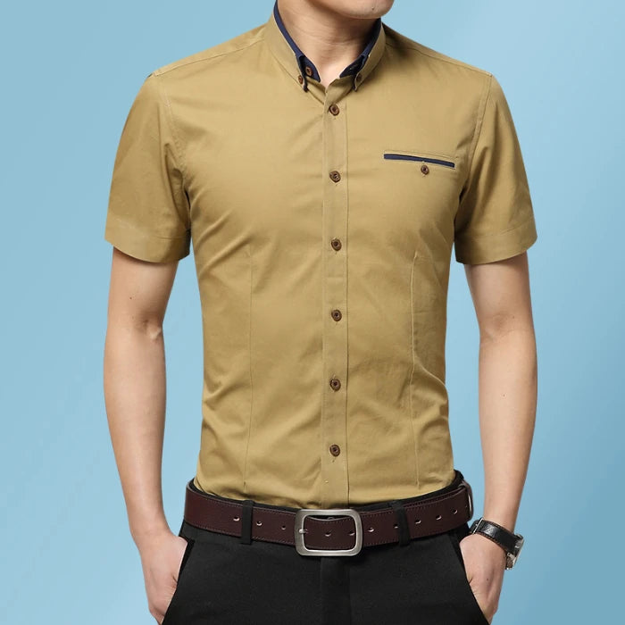 2026 New Summer Cotton Business Men's Short Sleeved Shirt Pocket Lapel Thin Formal Suit Dress Shirts Male Brand Clothing
