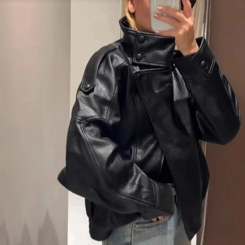 Spring Summer 2026 New Fashion Lapel Leather Jacket Women's Loose Outerwear Black Motorcycle Style Top