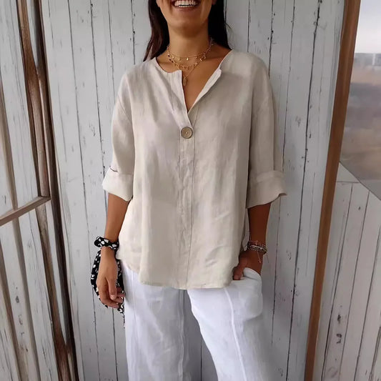 Blusa Feminina Primavera Verão VEITCHE Camisa Top Decote V com Botões Camiseta Manga 3/4 Casual de Algodão e Linho Pulôver de Ajuste Largo