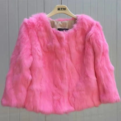 2024 New Women's Real Fur Coat High-waist Round Collar Cardigan Long-sleeved Slim Fit  Rabbit   Jacket Women T197