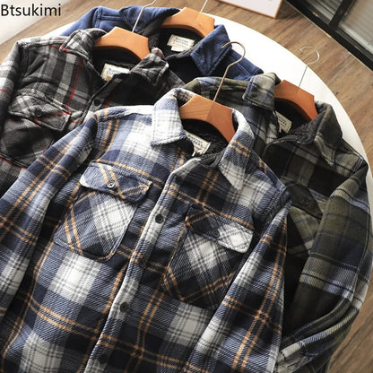 Autumn Winter Men's Fleece Linend Warm Shirt Jackets Thickened Long Sleeve Flannel Checked Shirts Vintage Casual Men Shirt Coats