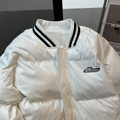 Gmiixder American Baseball Uniform PU Bomber Jacket Hip Hop Thickened Stand Collar Parkas Loose Versatile Couple Winter Coat