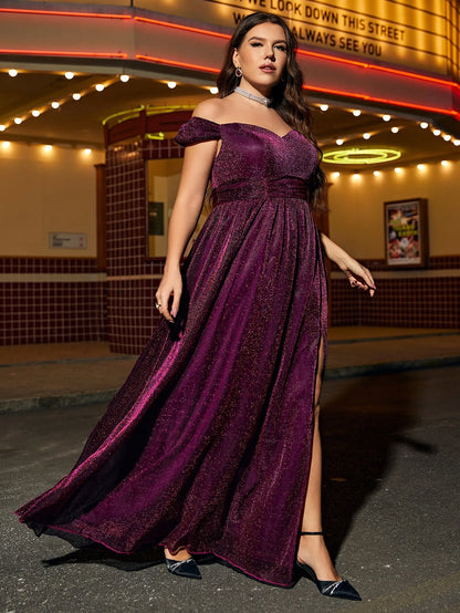 Vestido de festa plus size Mgiacy, manga curta, decote em linha, fenda alta, deslumbrante, tecido plano, vestido de noite, vestido de baile, vestido de dama de honra