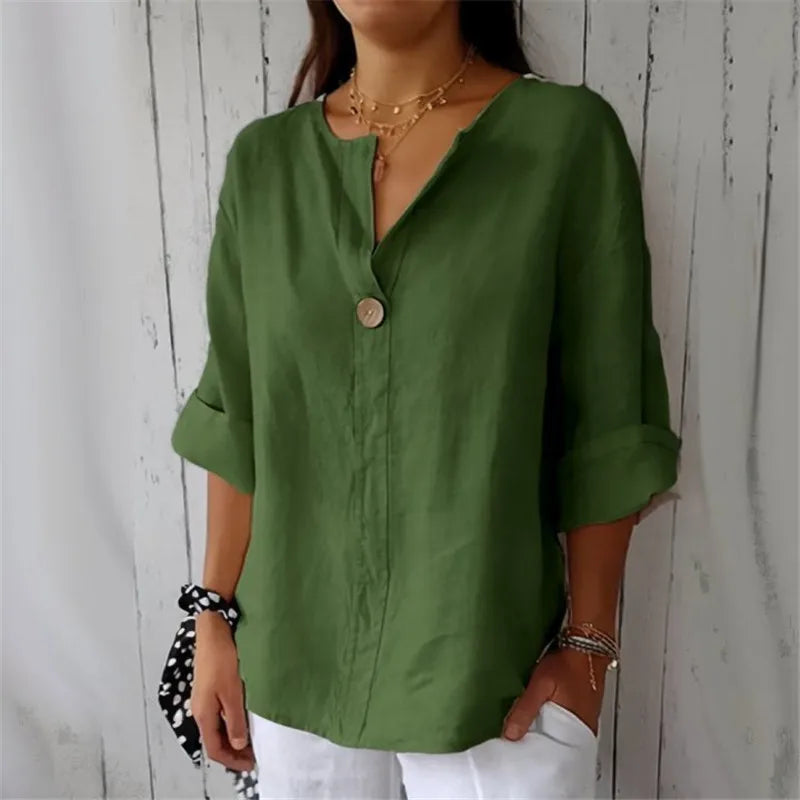 Summer Cotton Linen Blouses For Women 2025 Plus Size V-Neck Button Tee Shirts Casual Half Sleeve Black Tops Loose Women T Shirt