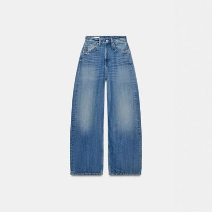 Deeptown Baggy Women Blue Jeans Vintage Casual PU Leather Brown Patchwork Straight Denim Trousers Classic Basic Chic Female Jean